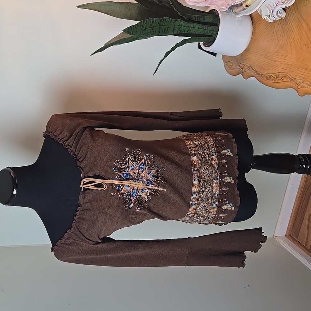 Y2k Brown glittered off shoulder top